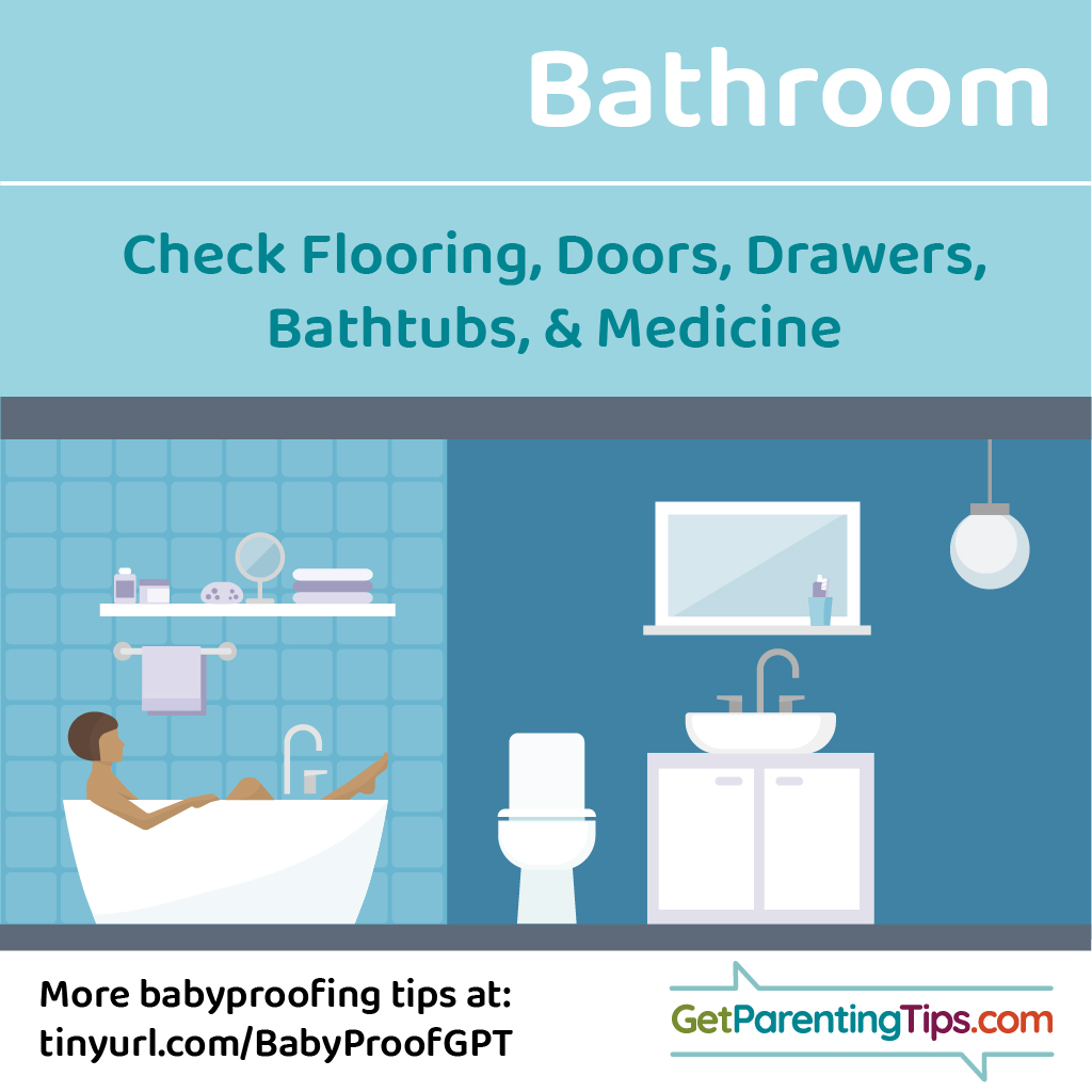 Bathroom. Check flooring, drawers, bathtubs, and medicine. GetParentingTips.com